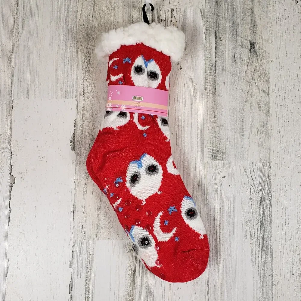 NWT Mari Clare Sherpa Lined Knit Winter Owl Moon Star No-Slip Slipper Socks